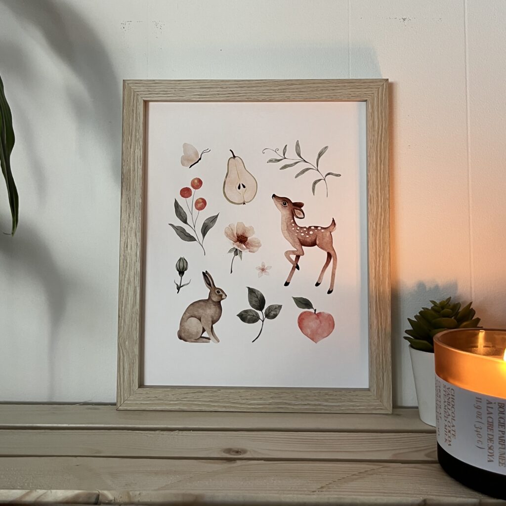 marie-lise illustration affiche aquarelle dessin tableau cadre minimaliste lapin bambi cerf